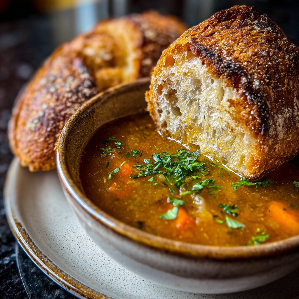 Abendessen mit Suppe und Brot